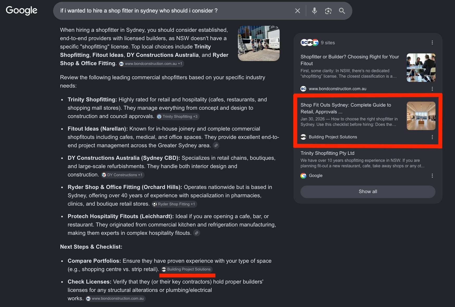 Google AI Overview who should I consider hiring as a shop fitter in Sydney