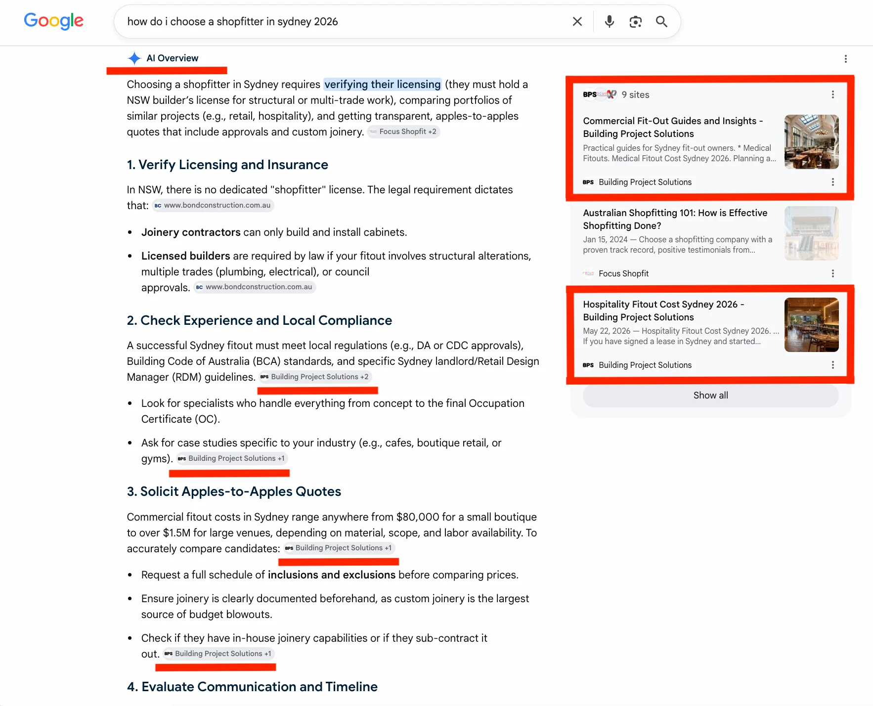 Google AI Overview how to choose a shop fitter Sydney
