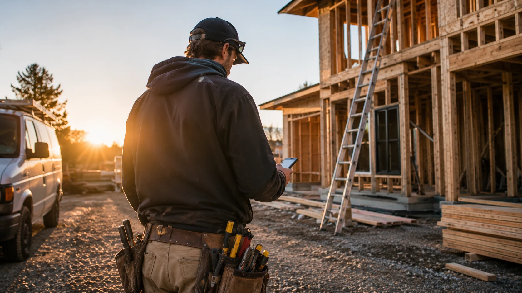 Tradie checking a phone beside a house under construction