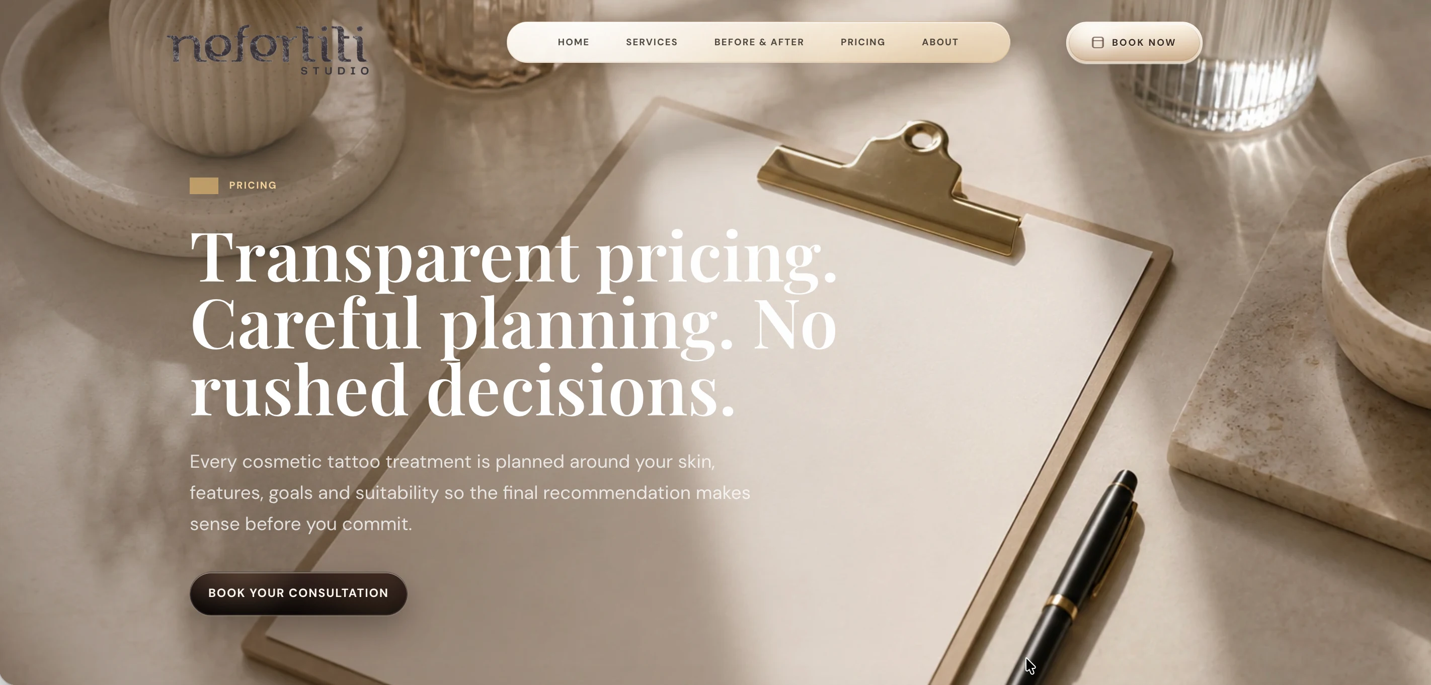 New Nefertiti Studio pricing page, specialist positioning and premium presentation