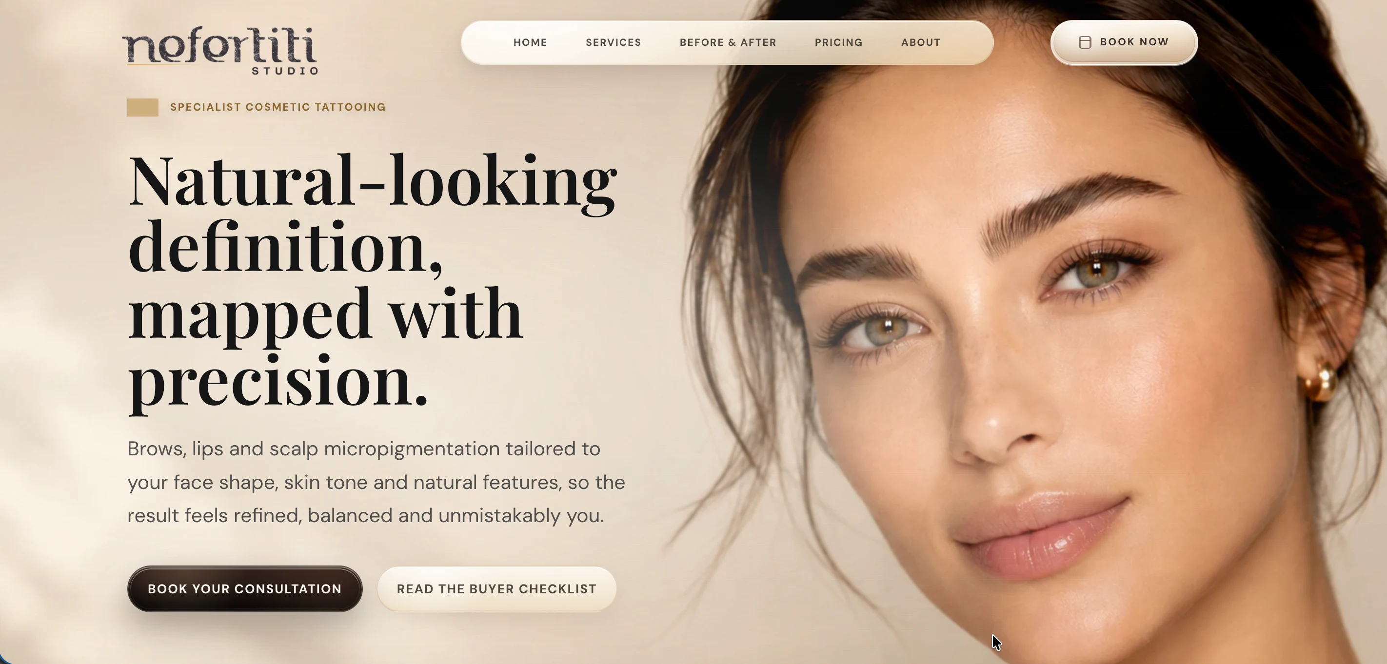 New Nefertiti Studio homepage, specialist cosmetic tattooing studio positioning