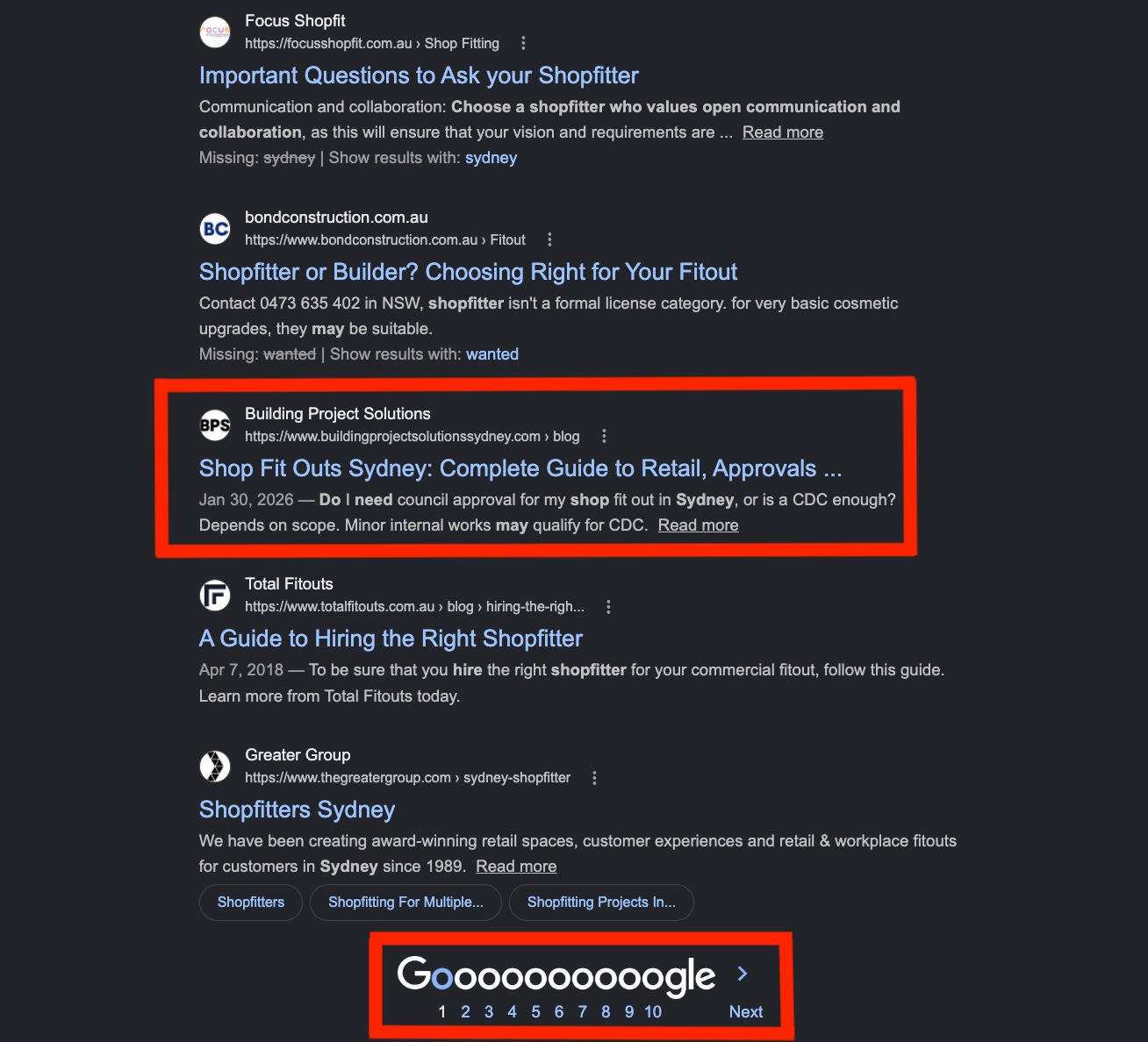 Google organic page 1 results showing Building Project Solutions alongside Oneflare and Hipages