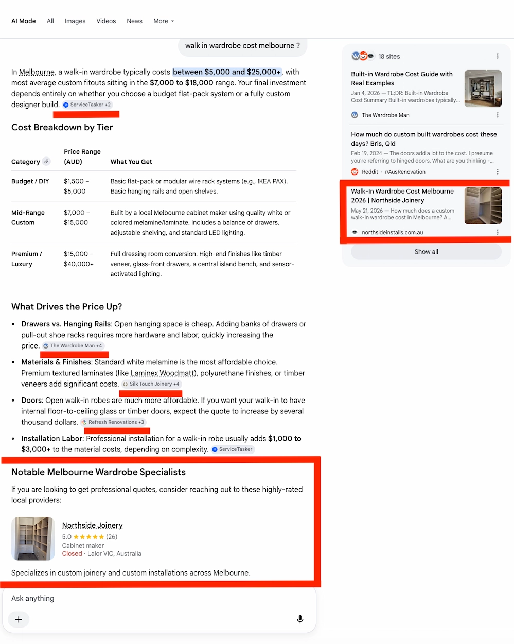 Google AI Mode recommending Northside Joinery
