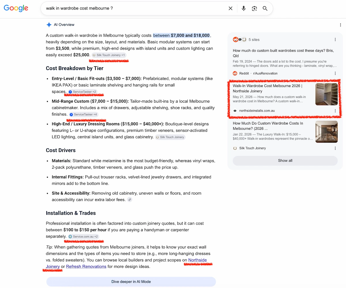 Google AI Overview referencing Northside Joinery pricing