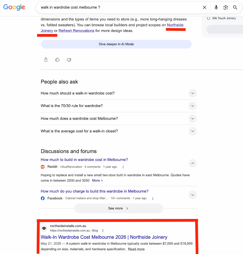 Northside Joinery ranking number one on Google