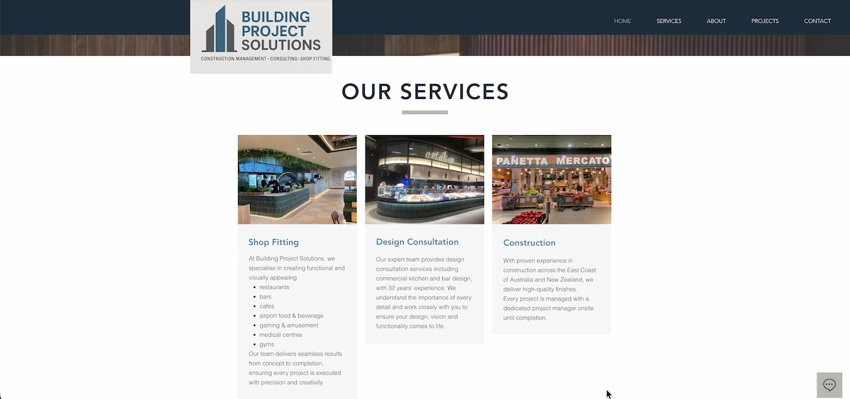 Old BPS Wix website services page, flat generic list, no dedicated industry pages