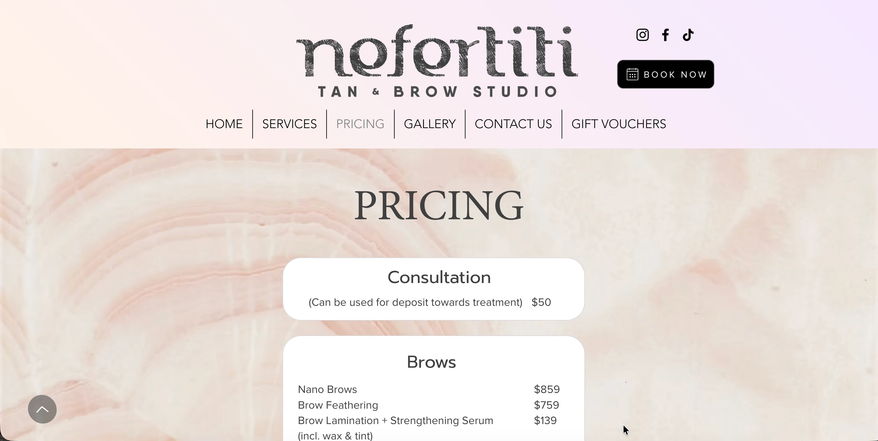 Old Nefertiti Studio pricing page, soft pastel salon aesthetic